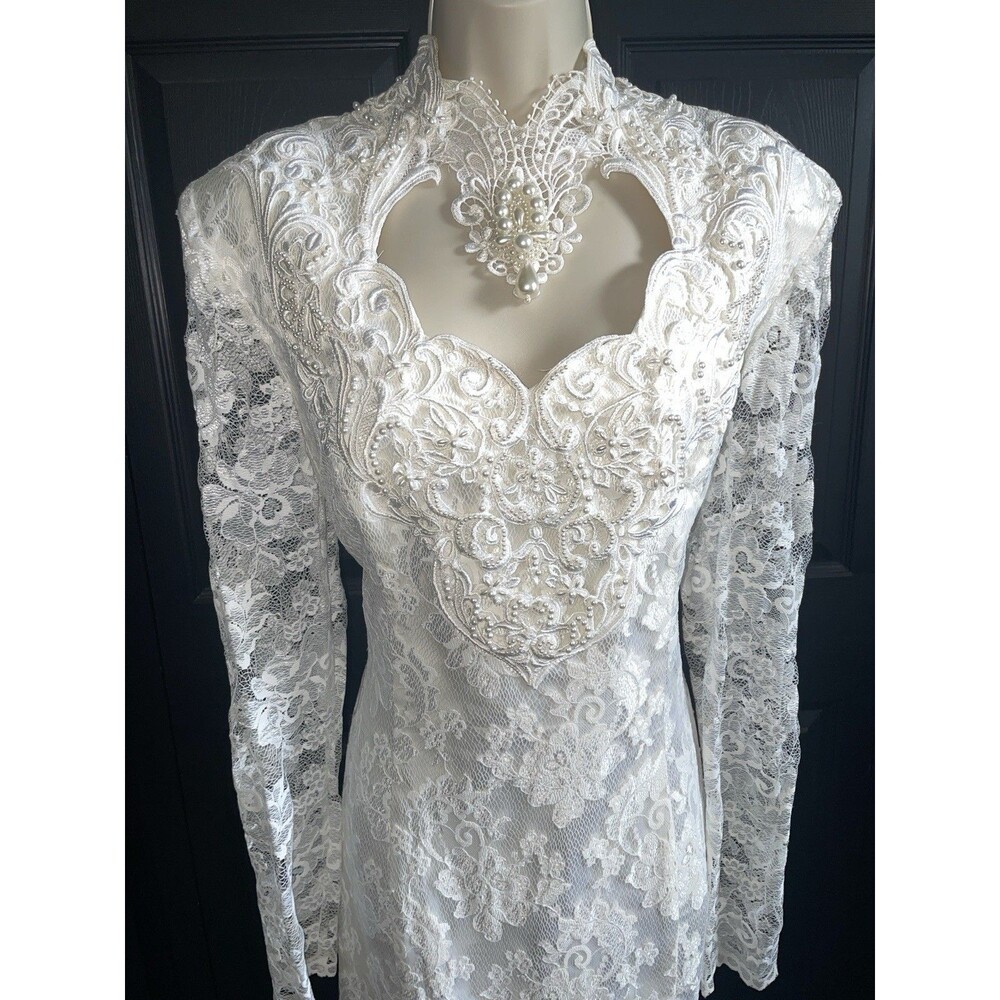 Vintage 80s Lace Wedding Dress Long Sleeve High Neck Pearl Mermaid Gown - Picture 2 of 12